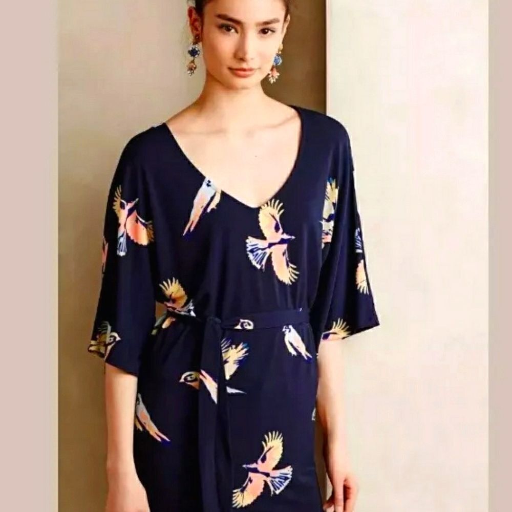 Deletta Anthropologie Bird print belted tunic A1